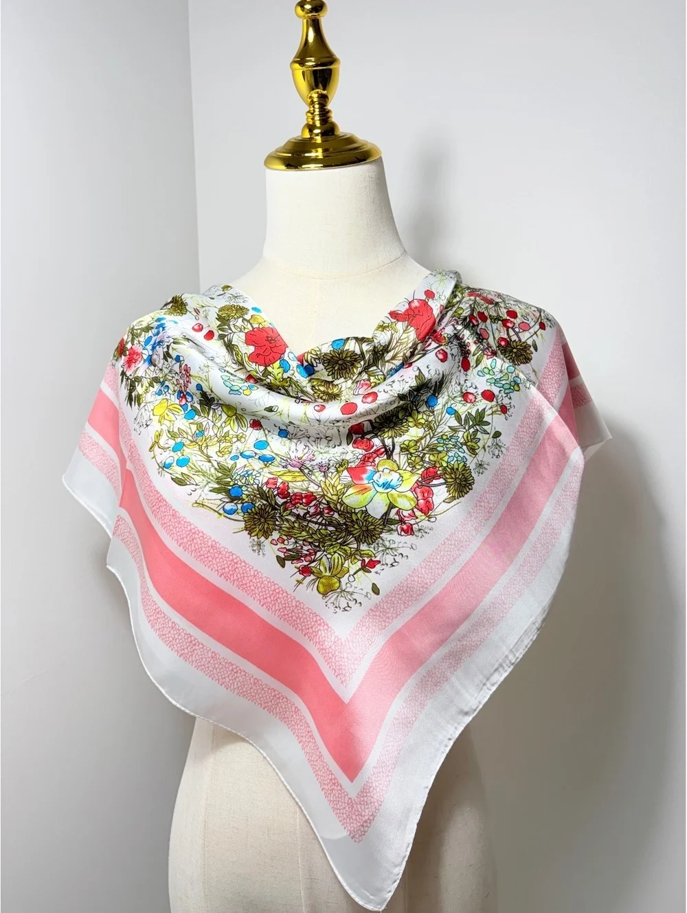 Elegant Floral Square Satin Scarf with Pink Border, 68cm x 68cm, Lightweight and